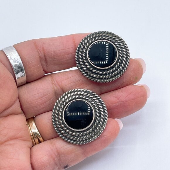 James Avery Rare Find Sterling Silver Black Onyx French Clip Stud Earrings Round - Picture 2 of 7